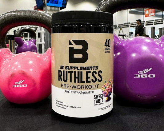 Ruthless Pre-Workout supplement tub on gym bench with weights in background – best pre-workout in Canada for energy, pump, and focus